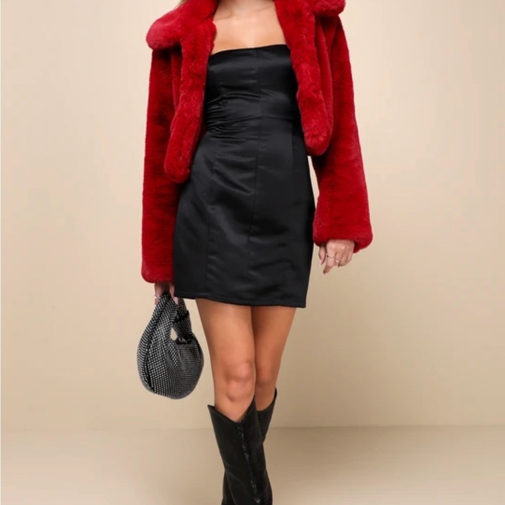 Lulu's Lavish Attitude Red Faux Fur Collared Cropped Jacket
